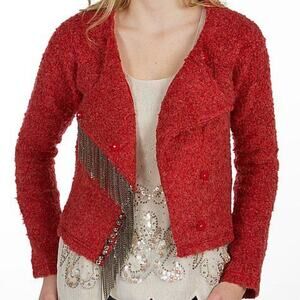 Miss Me Boucle orange wool blend chain fringe cropped moto sweater jacket, small